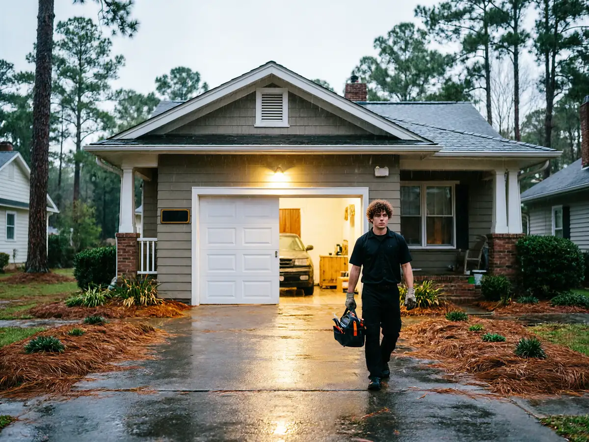 A technician walks out of a garage with a tool bag on a rainy day.
