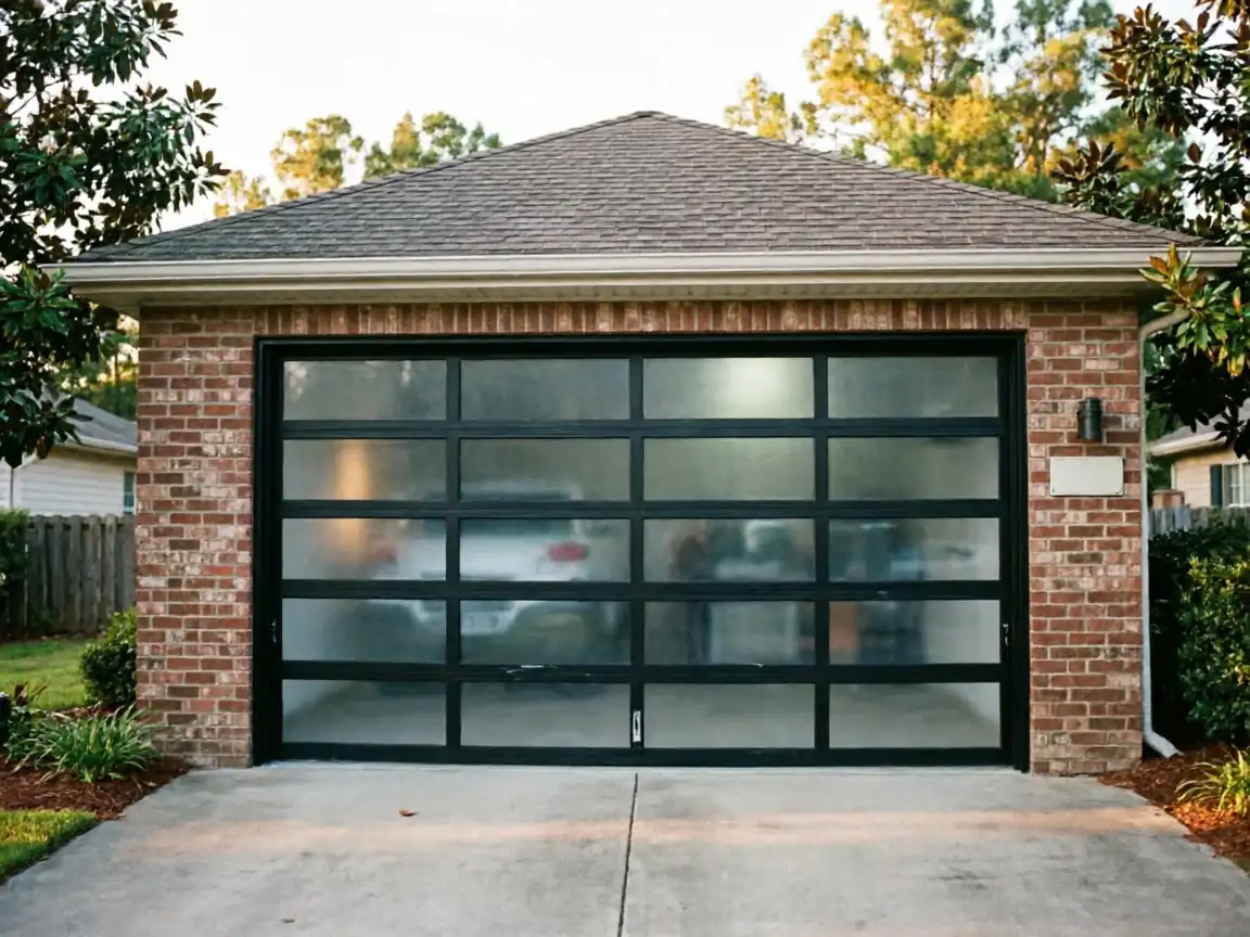 A modern garage door with frosted glass panels is set in a brick house.