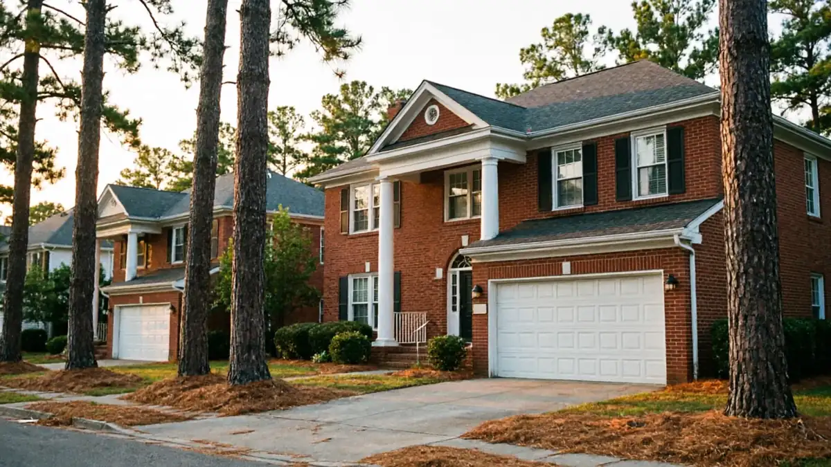 A red brick house with a white garage door and white columns.