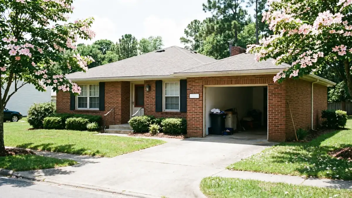 A brick house has an open garage door and a driveway.