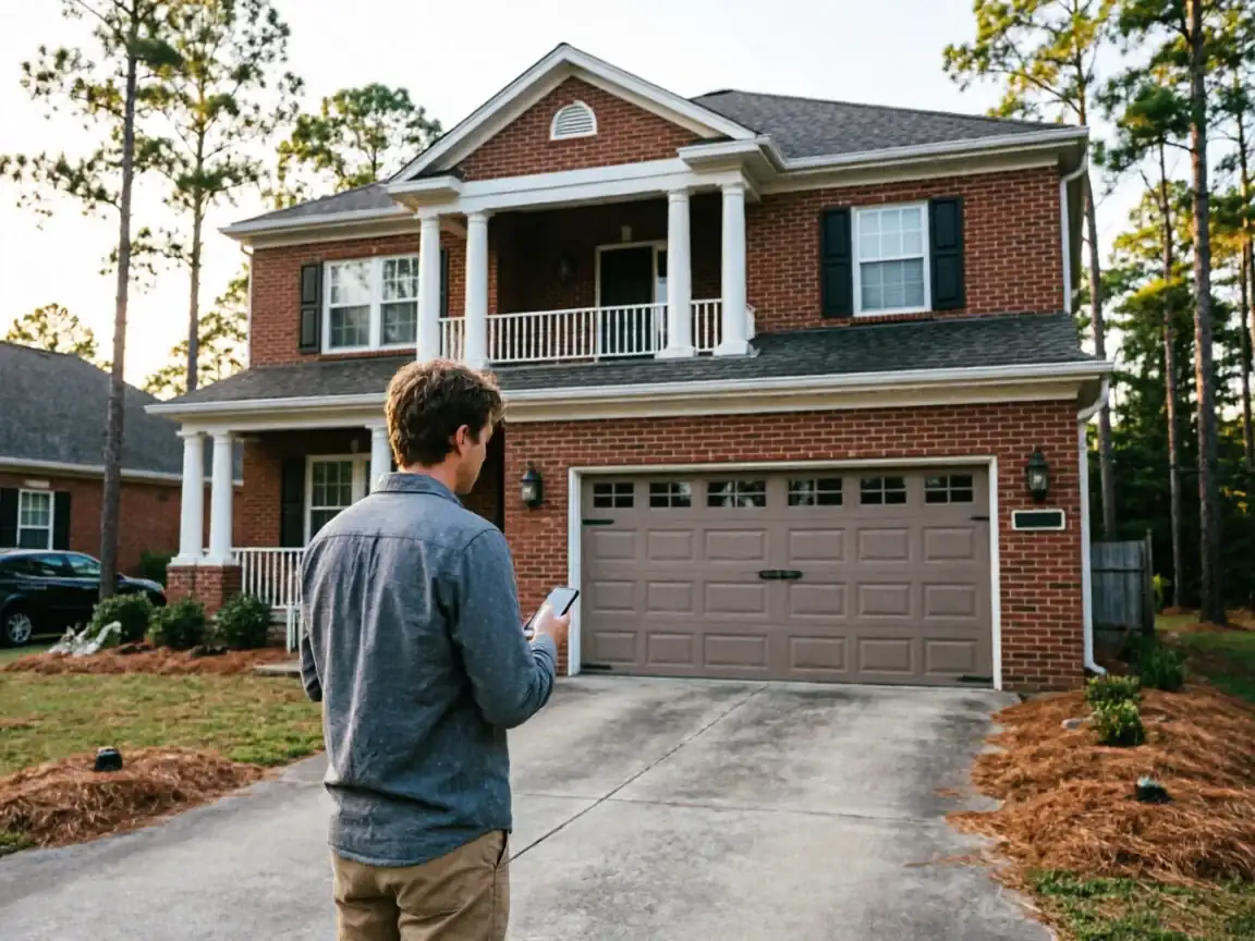 A man stands in a driveway looking at his phone in front of a brick house.
