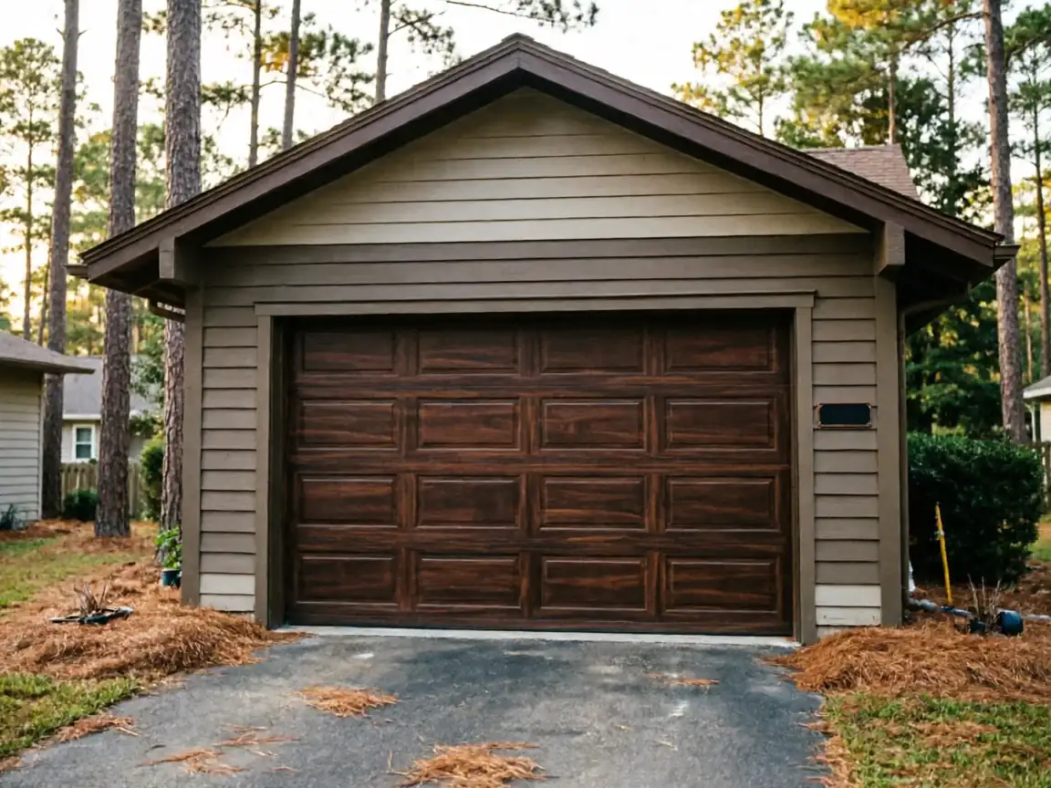A brown garage door is on a brown house with a dark brown roof.