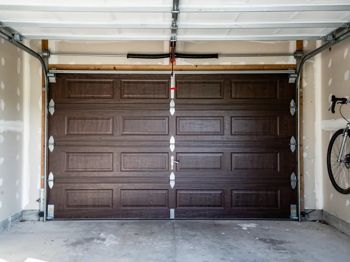 A brown garage door is closed with a torsion spring and tracks visible.