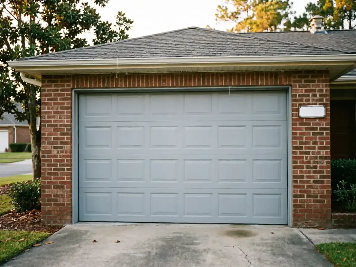 A light gray garage door is set in a brick house with a gray roof.