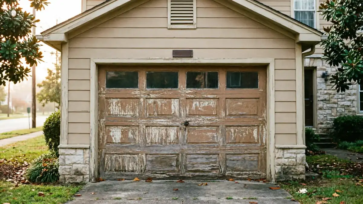The garage door on a tan house has peeling paint and windows.