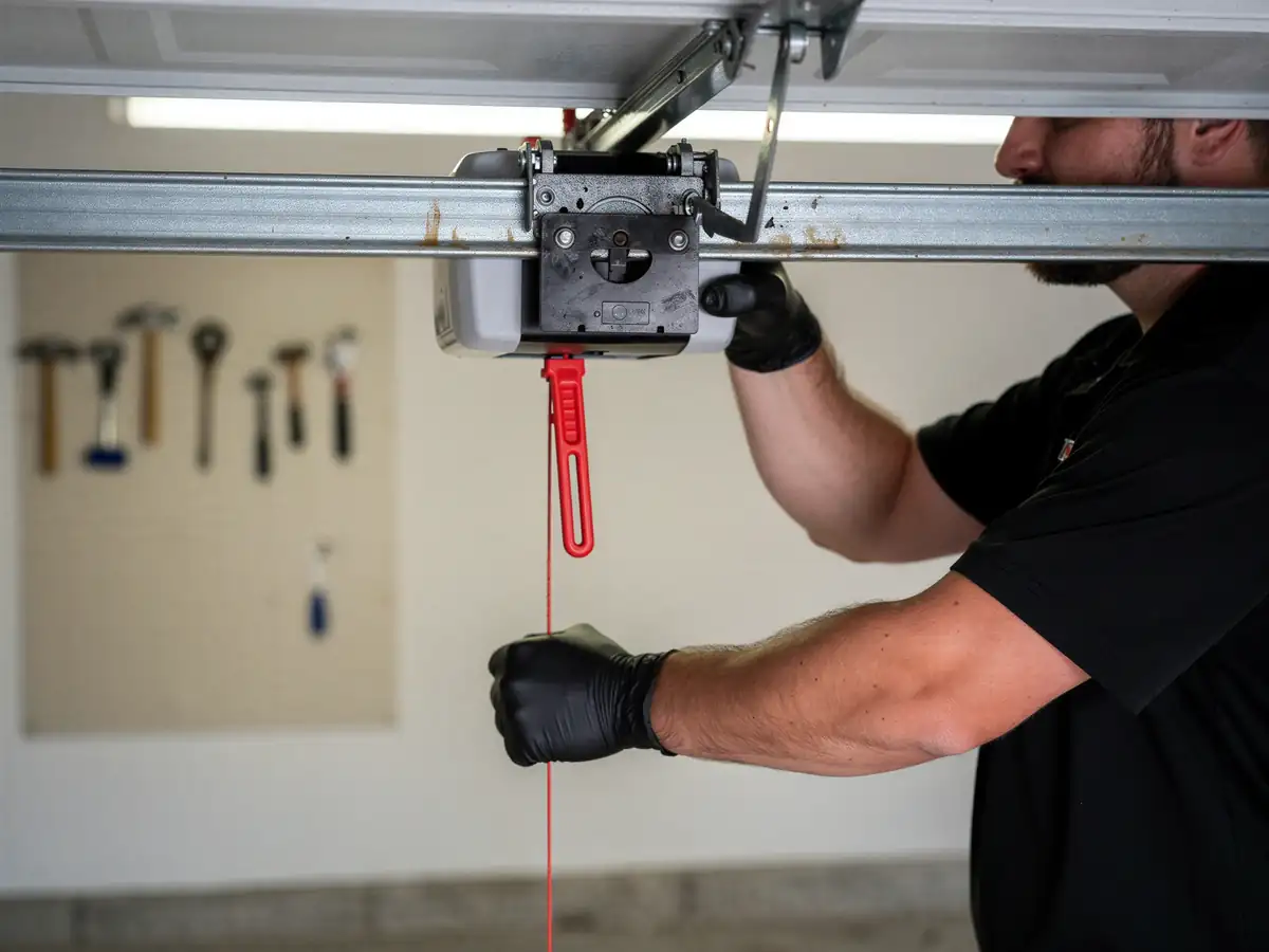 A technician in black gloves pulls the red emergency release cord on a garage door opener.
