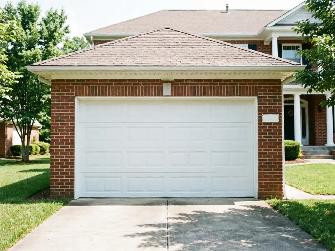 A white garage door is on a brick house with a brown roof.