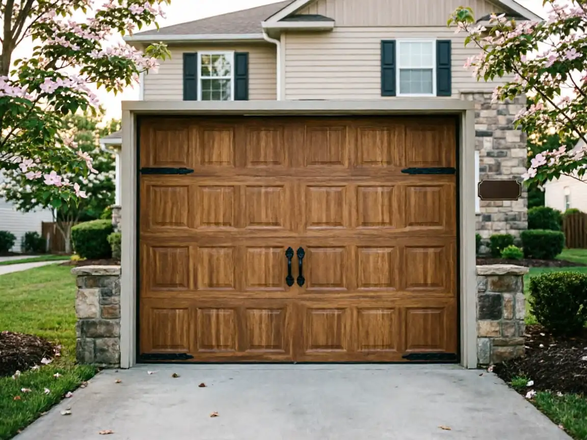 A brown wooden garage door with black handles and decorative hinges is on a house.